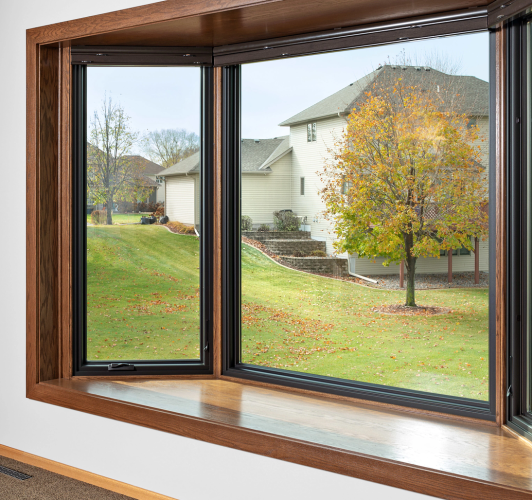 three-panel bay window with reading nook