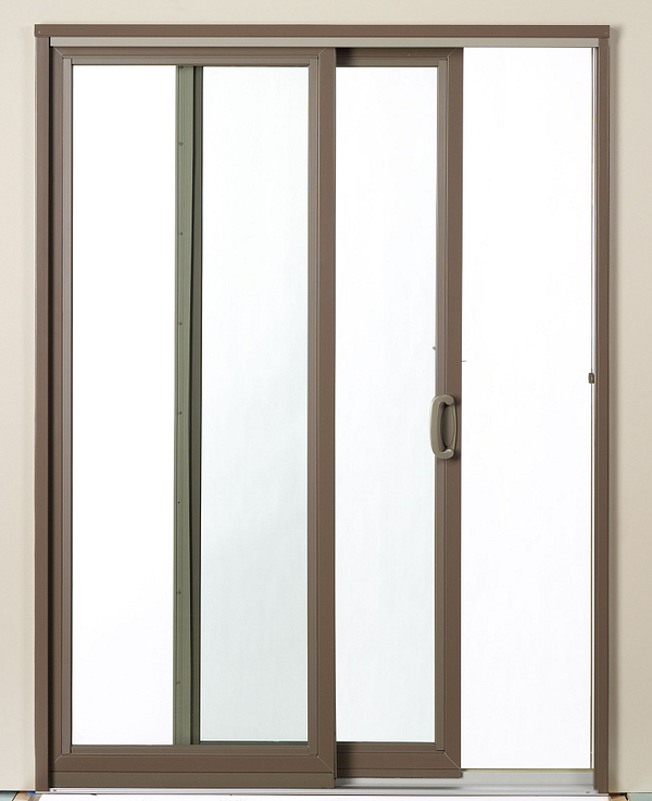 glass sliding door with brown frame