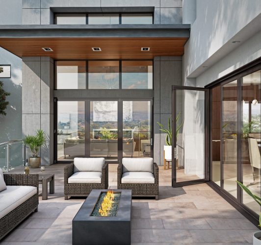 terrace with fire pit and floor to ceiling windows