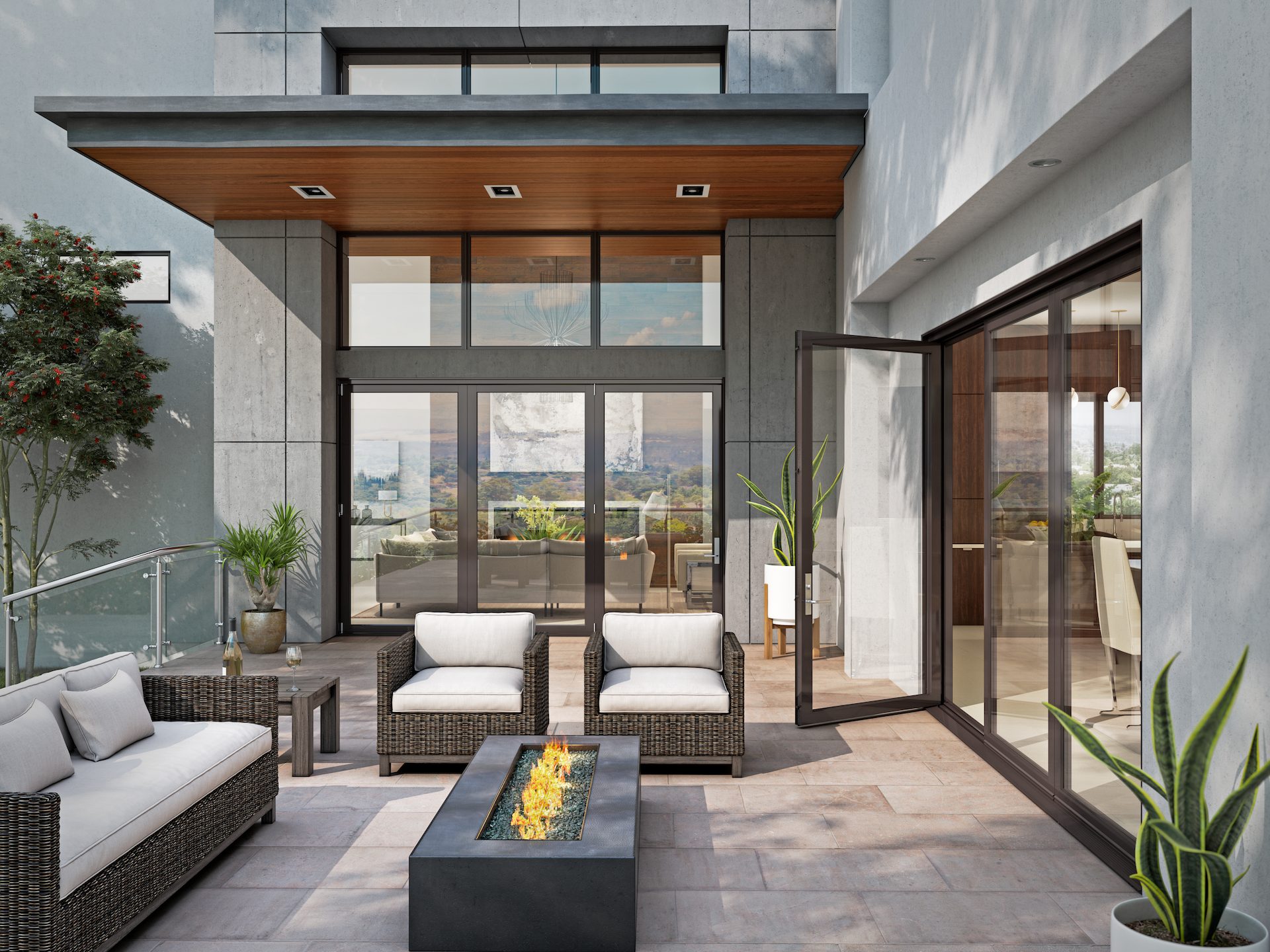terrace with fire pit and floor to ceiling windows